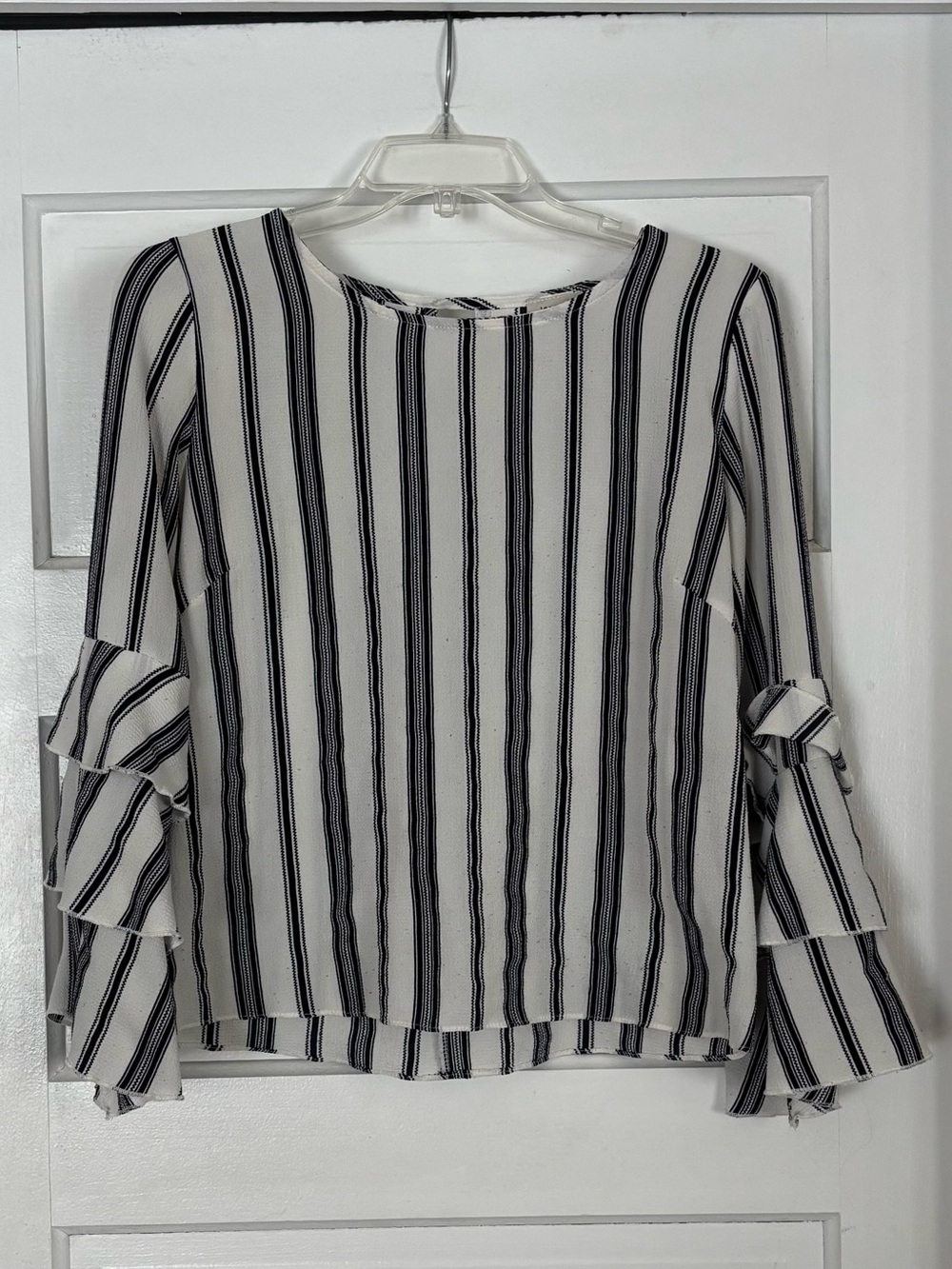 Purple Rain Blue & White Striped Ruffle Sleeve Top